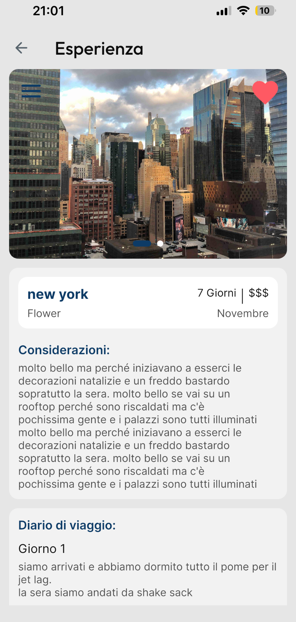 Schermata diario di viaggio con considerazioni giorno per giorno