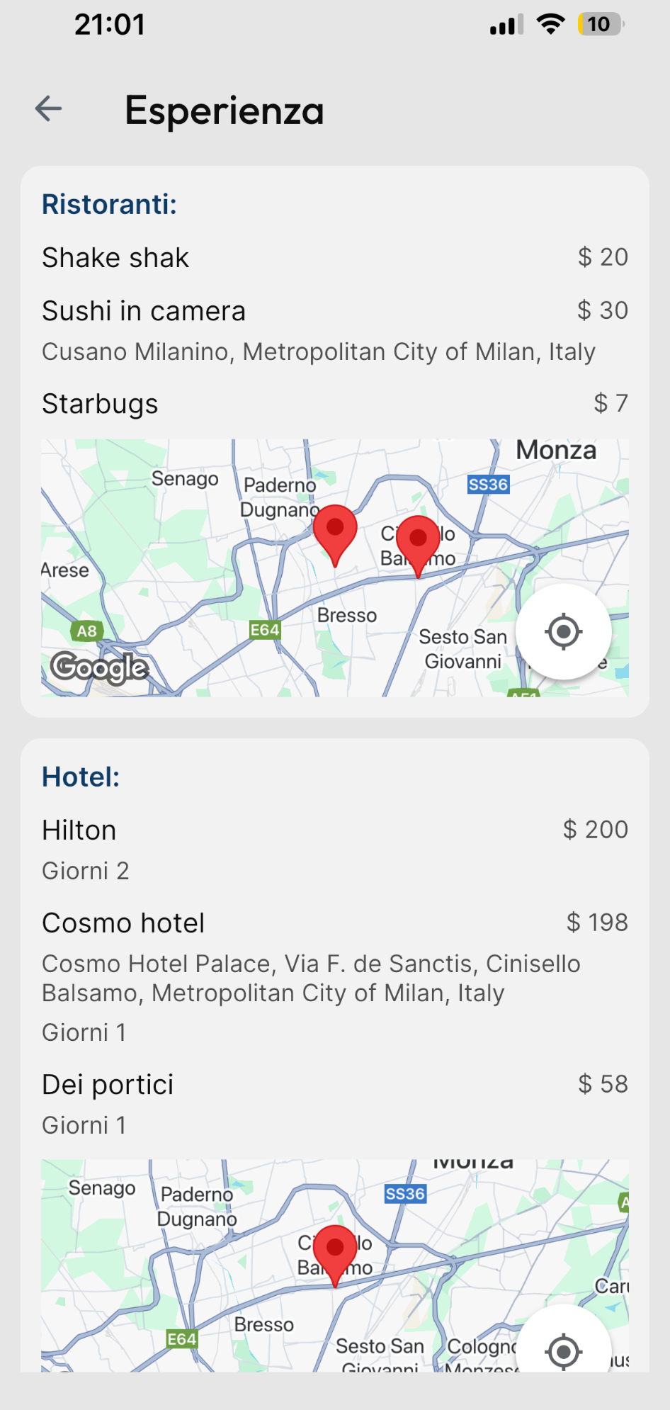 Schermata con lista di ristoranti e hotel su mappa